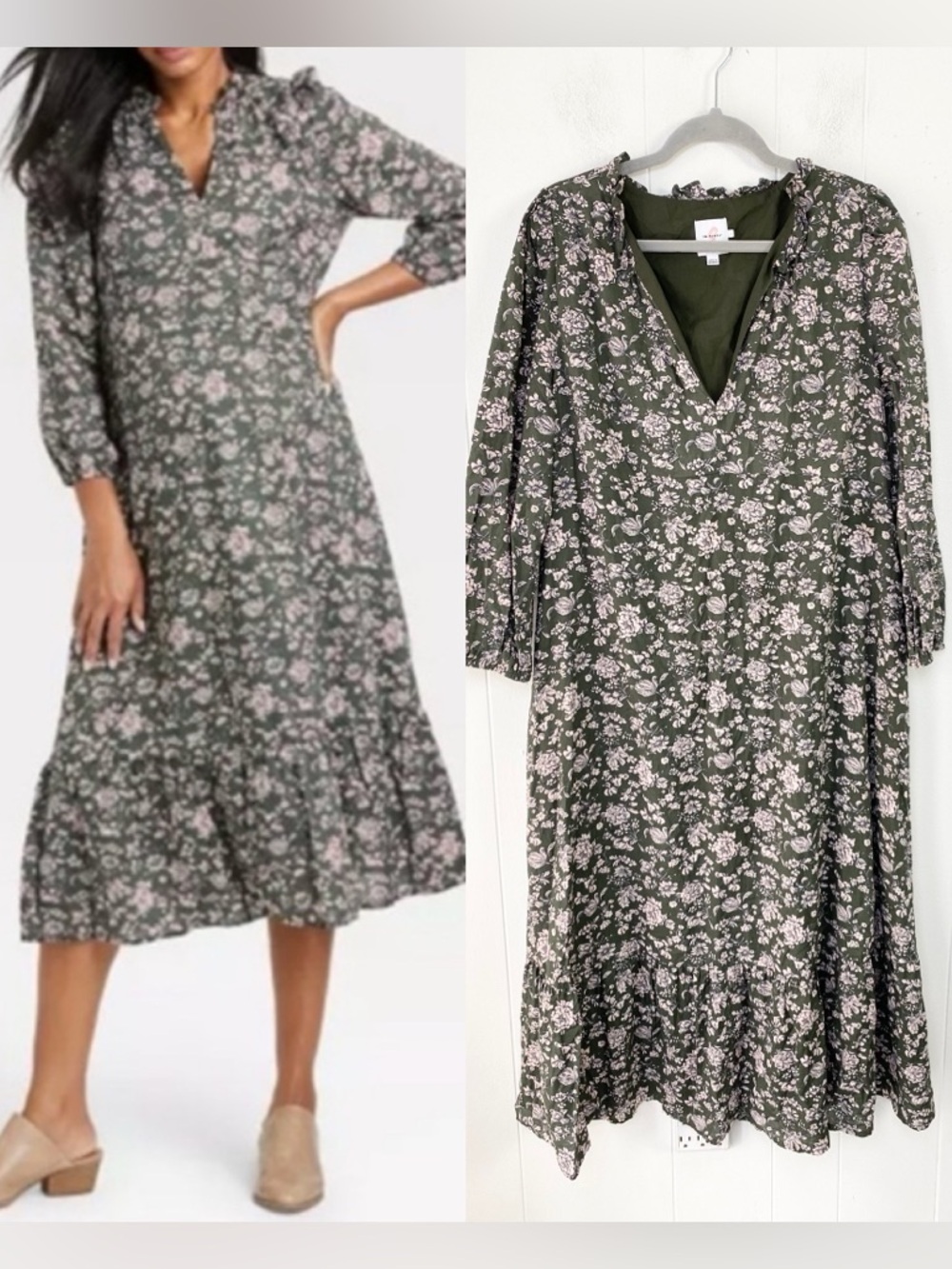The Nines by HATCH Maternity Olive Green Floral Tiered Dress 3/4 Sleeve Sz L